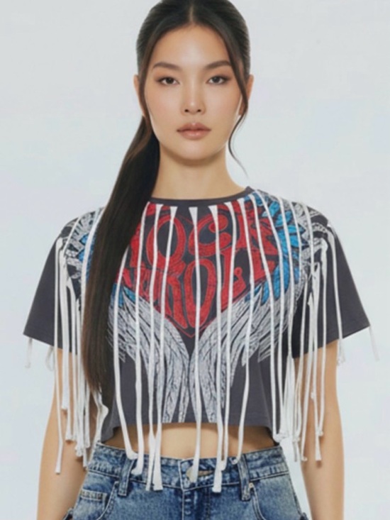 Tops - Fringed Graphic Crop Tee in Charcoal with Red & Blue Detail